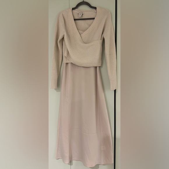 NEW RACHEL ZOE Size M Cream Satin Maxi Dress with Knit Criss Cross Sweater - Picture 10 of 13